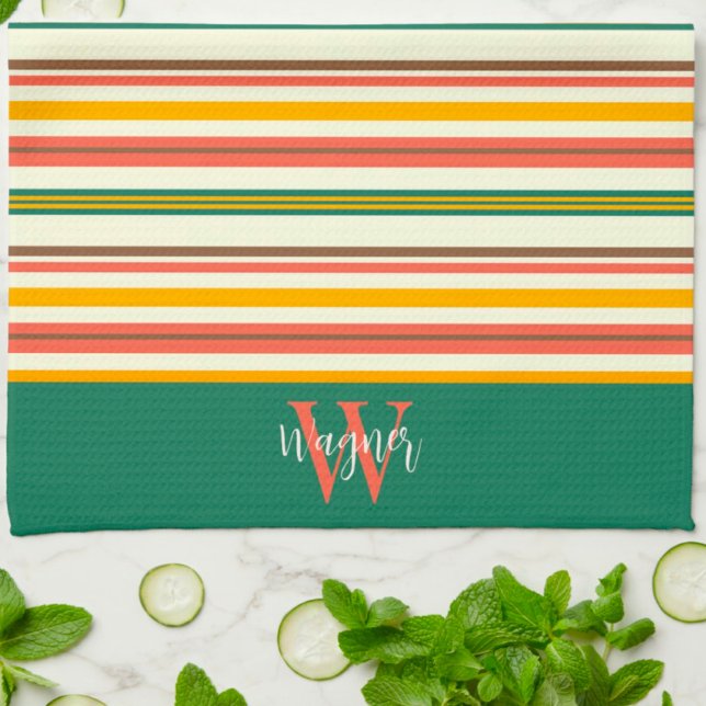 Fun Chic Stripe Stylish Custom Monogram Nachname Geschirrtuch (Von Creator hochgeladen)