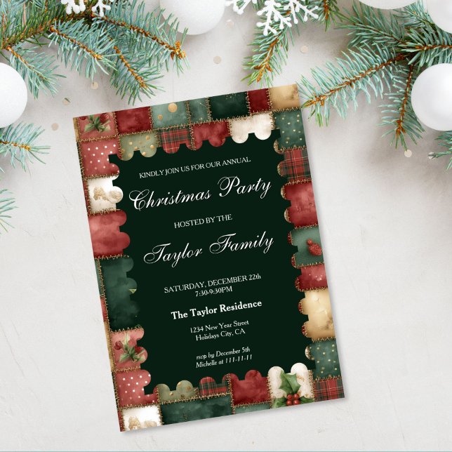 Fun Chic Winter Greenery Christmas Party Einladung (christmas patchwork colorful warm watercolor party invitation)