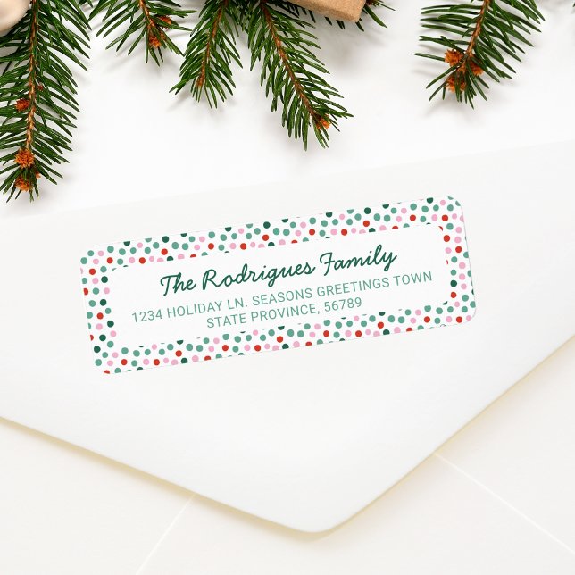 Fun Christmas Polka Dots Rücksendeadresse Label (Christmas polka dots confetti pattern in pink red and green color)