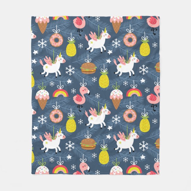 Fun Christmas Unicorns und Flamingos Muster Fleecedecke (Vorderseite)
