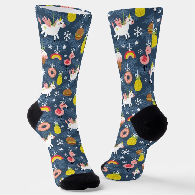 Fun Christmas Unicorns und Flamingos Muster Socken (Gewinkelt)