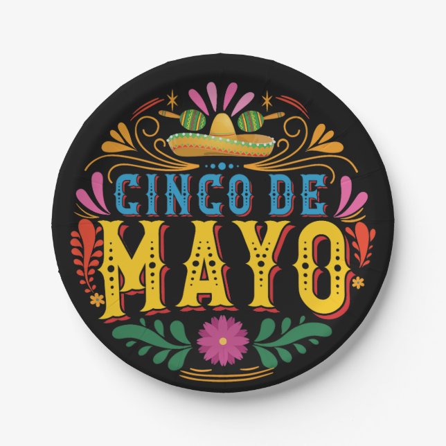 Fun Cinco de Mayo Mexikanischer Hut, bunte Blume Pappteller (Vorderseite)