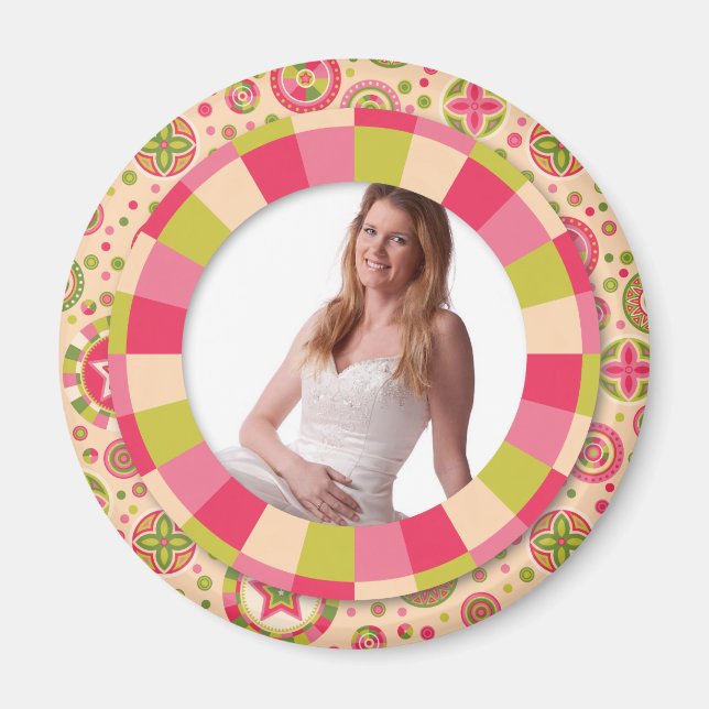 Fun Circle Frame - rosa Blatt auf Muster Magnet (Vorne)