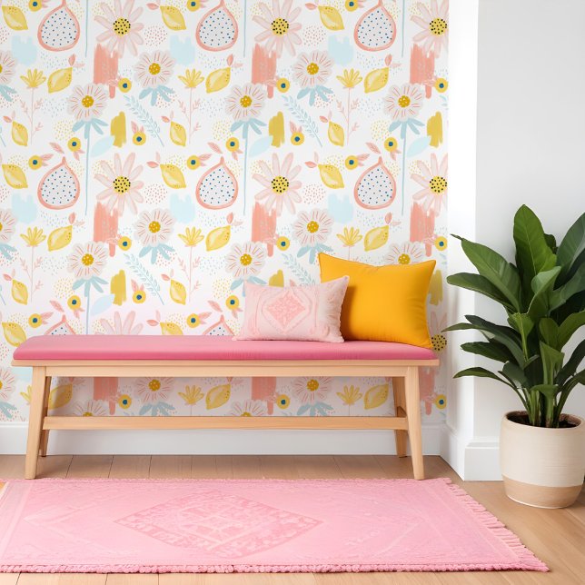 Fun Citrus Lemon Pomegranate Fruchtblumenmuster Tapete (Fun Citrus Lemon Pomegranate Fruit Floral Pattern Wallpaper)