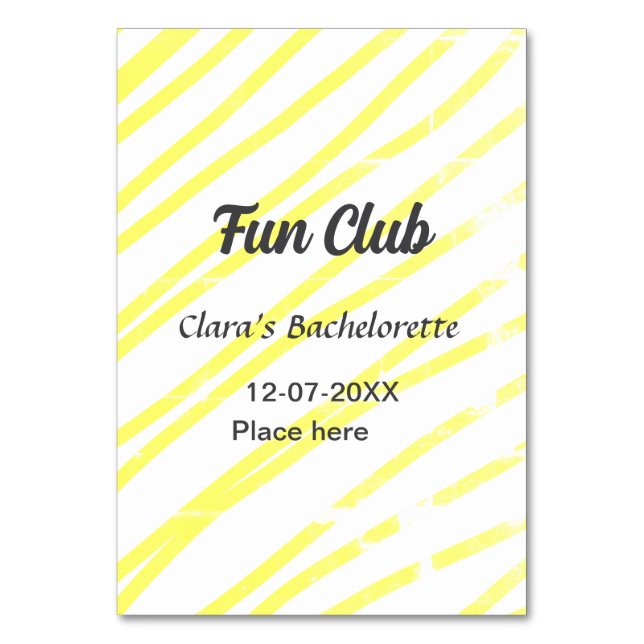 Fun Club bachelorette party yellow lines backgroun Tischnummer (Vorderseite)
