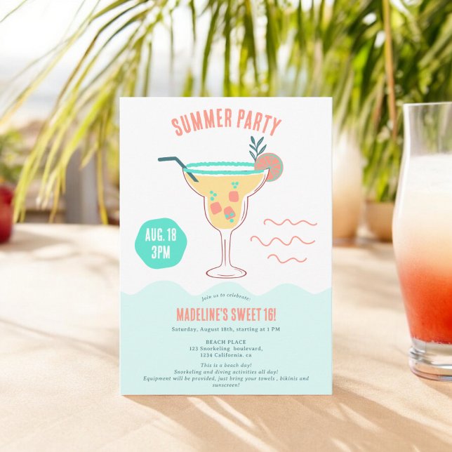 Fun Cocktail Illustration Sommer Strand Sweet 16 Einladung (Fun Cocktail illustration summer beach Sweet 16 Invitation)