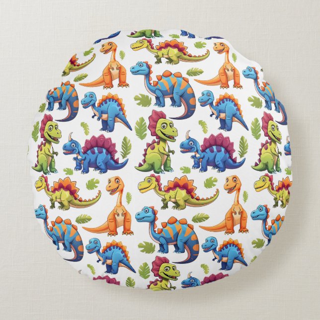 Fun Colorful Dinosaur Themed Dino-Mite Rundes Kissen (Vorderseite)