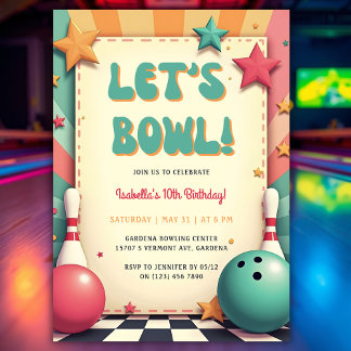 Fun Colorful Retro 50er Bowling Geburtstagspartei Einladung