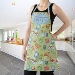 Fun Colorful Retro Wasserfarbe Küche Koch Name Schürze<br><div class="desc">Helles und buntes "Bön Appetit"-Muster aus Aquarell Vintage Küchenartikel und Lebensmittel und Imitate Gold Glitzer Elemente,  personalisierbarer Text für ein personalisiertes Geschenk.</div>