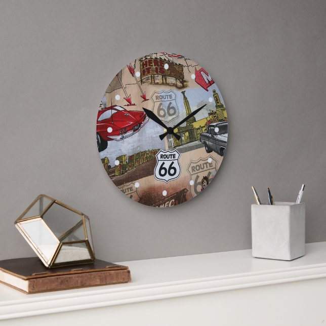 Fun Colorful Route 66 Collage Muster Große Wanduhr (Büro)