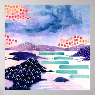 Fun Colorful Scottish Loch Watercolor Poster