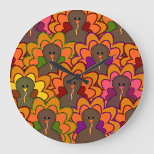 Fun Colorful Thanksgiving Turkeys Große Wanduhr