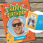 Fun Comic Geburtstagsstars Opa Custom Fotos Karte<br><div class="desc">Sage '"Happy Birthday" mit dieser lustigen, Comic-Buch-Stil Grüße Karte! Einfach zu personalisieren mit zwei Ihrer Lieblings-Fotos und personalisierten Text. Diese farbenfrohe Karte kann für alle Familienmitglieder angepasst werden, einschließlich Mama, Vater, Oma, Opa, Tante, Onkel, Freunde oder Haustiere! Mit Retrostil und feierlichen Sternen in kühnen Farben wie Rot, Orange, Blau, Grün,...</div>