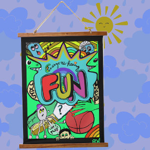 Fun Comic Illustration of Togetherness Hanging Ges Wandteppich Mit Holzrahmen