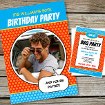 Fun Comic Stil jedes Alter Geburtstagsparty GRILLE Einladung<br><div class="desc">Spaß, Comic-Stil Geburtstagsparty einladen! Einfach mit eigenem Foto und individuellem Text auf Vorder- und Rückseite personalisieren. Diese farbenfrohe Karte ist für ein 50. Geburtstag GRILLEN Party konzipiert, aber der gesamte Text kann an andere Anlässe angepasst werden! Ein Retrodesign in kühnen Farben wie Blau, Orange, Rot, Gelb und Weiß. ♦ Klicken...</div>