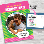 Fun Comic Stil jedes Alters Geburtstagsparty GRILL Postkarte<br><div class="desc">Spaß, Comic buchen Geburtstagsparty Postcard einladen! Einfach mit eigenem Foto und individuellem Text auf Vorder- und Rückseite personalisieren. Diese farbenfrohe Karte ist für ein Party der GRILLEN zum 40. Geburtstag konzipiert, aber der gesamte Text kann an andere Anlässe angepasst werden! Ein Retro-Design in kühnen Farben Grün, Rosa, Gelb und Weiß....</div>