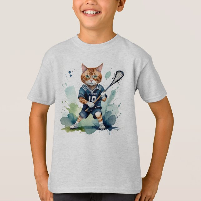 Fun Cool Cat Lacrosse Player Tierischer Spaß T-Shirt (Vorderseite)