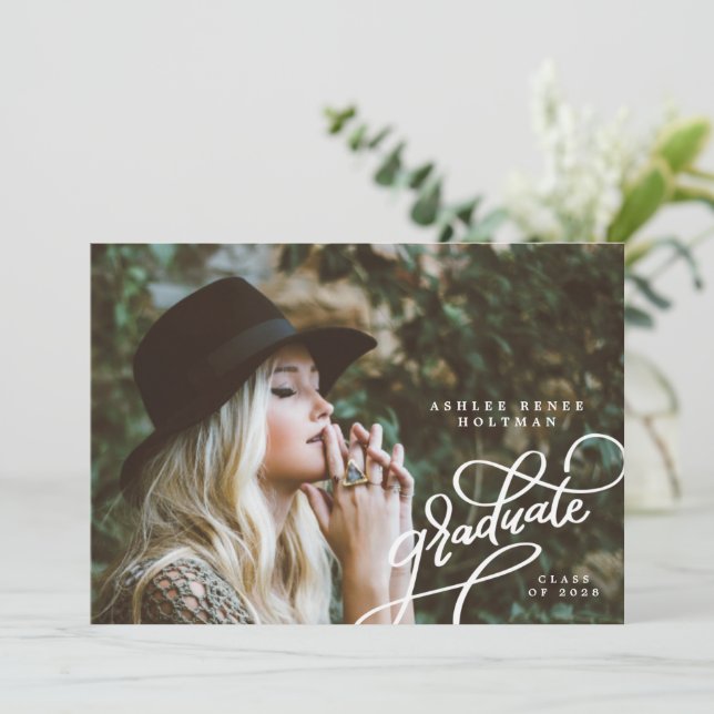 Fun Corner Script Vier Foto Grad Ankündigung (Stehend Vorderseite)