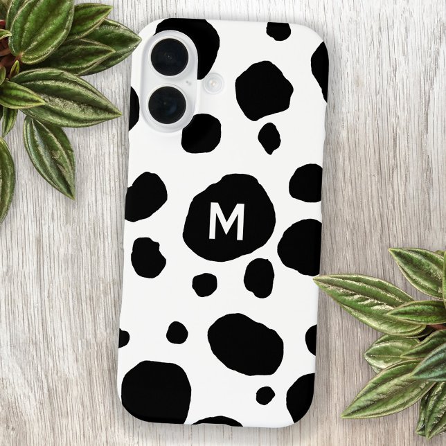 Fun Cow Print Black and White Monogram Initial Case-Mate iPhone Hülle (Fun monogram initial personalized cow print cell phone case)
