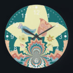 Fun Crazy Owl Birds Zickzack Muster Große Wanduhr<br><div class="desc">Fun Crazy Owl Vögel und Blume Kaleidoskop Zickzack Muster in Korallen, Aqua Blau und Senf. Ein tolles Geschenk für Teenager und alle, die Lieben und einzigartige interessante Designs.</div>