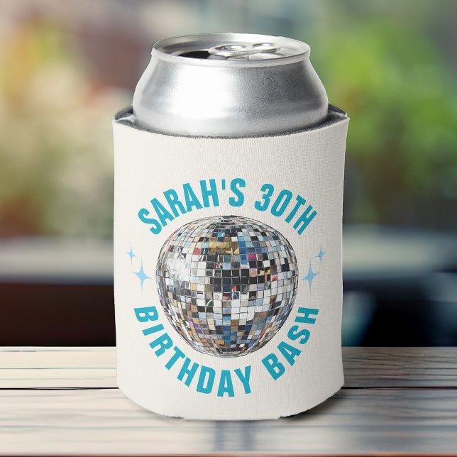 Fun Custom Disco Ball 30. Geburtstag Gefallen Dosenkühler (Colorful can cooler featuring a disco ball design, perfect for a 30th birthday party celebration.)