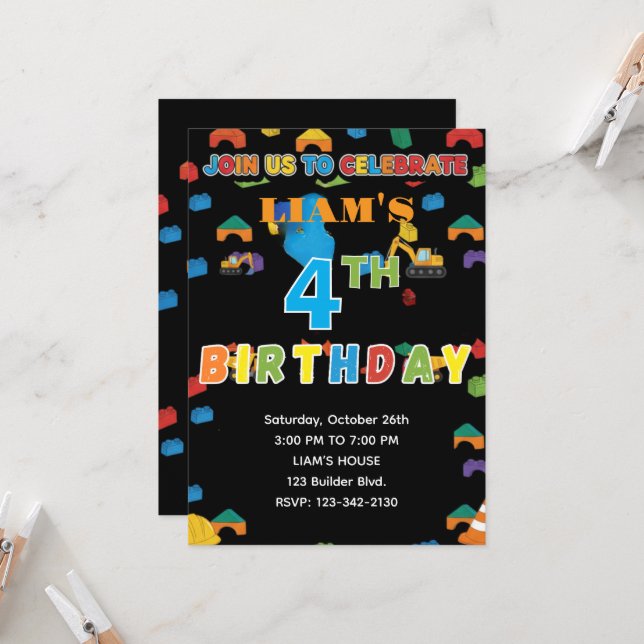 Fun Customizable Construction Birthday Invitation Einladung (Vorderseite/Rückseite Beispiel)