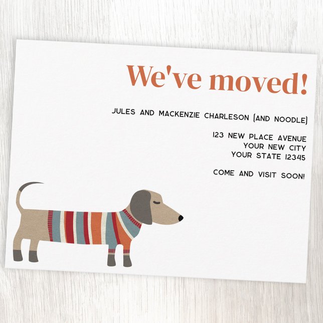 Fun Dachshund Dog Moving Announcement Ankündigungspostkarte (Fun Dachshund dog personalized custom text moving new home announcement postcard)