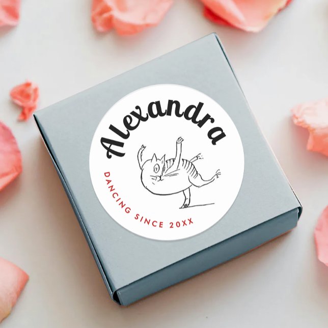 Fun Dancing Cat Red und White Edward Lear Classic Runder Aufkleber (Von Creator hochgeladen)