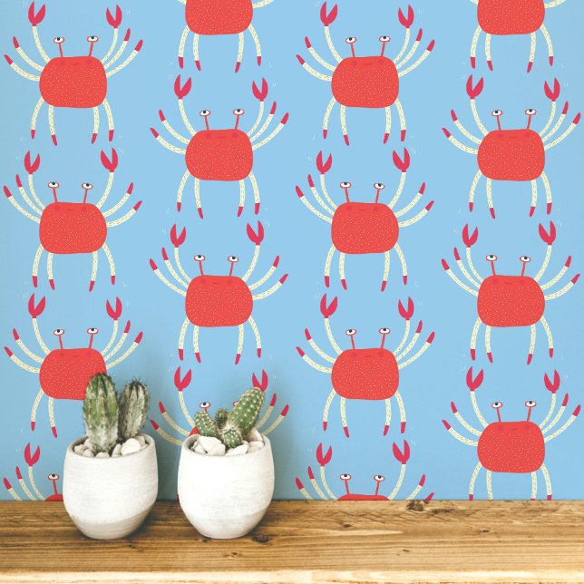 Fun Dancing Crab Küstenmuster Tapete (Dancing crabs fun coral and blue peel and stick wallpaper for coastal home decor)