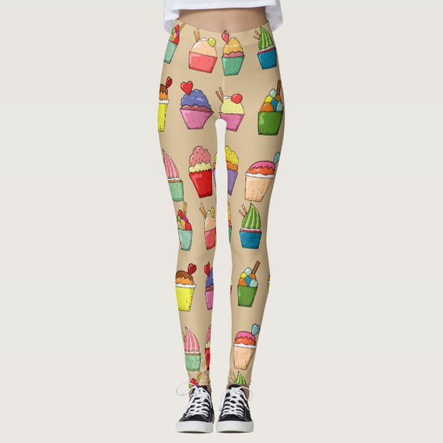 Fun Design Niedliche handgezogene Cupcakes l Beige Leggings (Vorderseite)