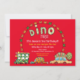Fun Dino Autos und Flaggen Boys Dinosaur Party Rot Einladung