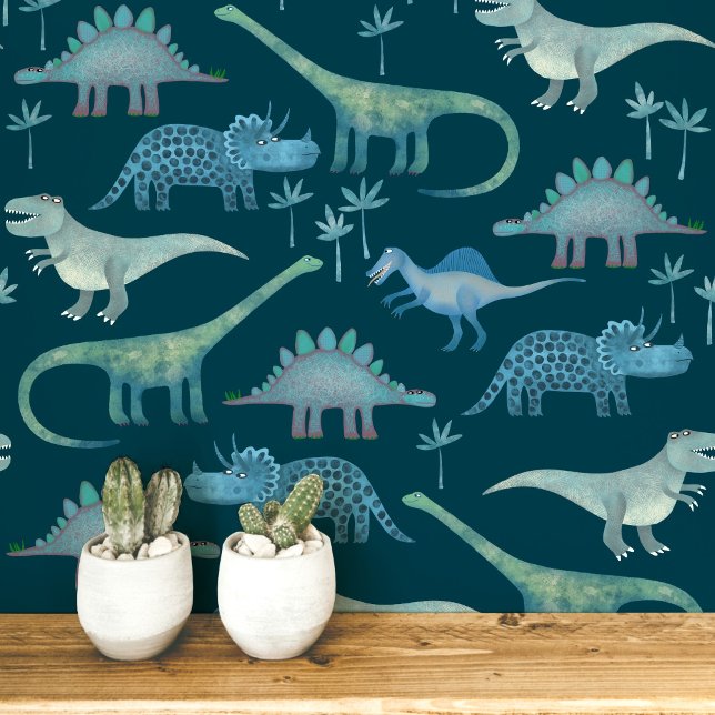 Fun Dinosaur Muster Aquamarin Green Tapete (Dinosaur Tyrannosaurus rex, stegosaurus, triceratops diplodocus teal green peel and stick wallpaper)