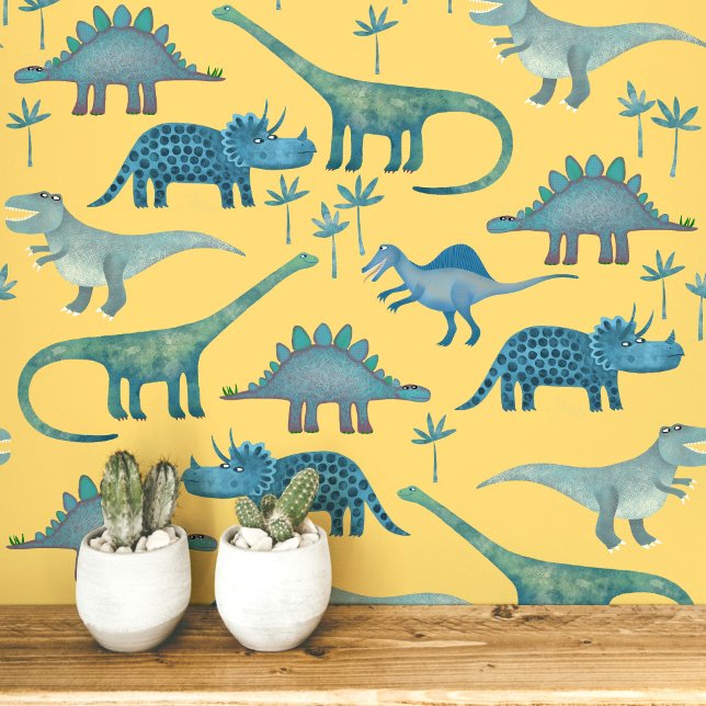Fun Dinosaur Muster Blau Gelb Tapete (Dinosaur Tyrannosaurus Rex Stegosaurus triceratops diplodocus yellow kids peel and stick wallpaper)