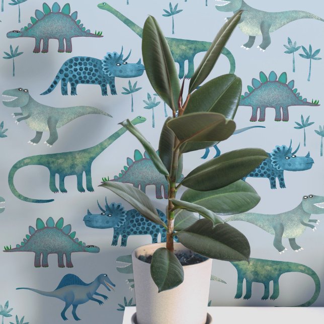 Fun Dinosaur Muster Blau Tapete (Dinosaur Tyrannosaurus Rex Stegosaurus triceratops diplodocus blue kids peel and stick wallpaper)