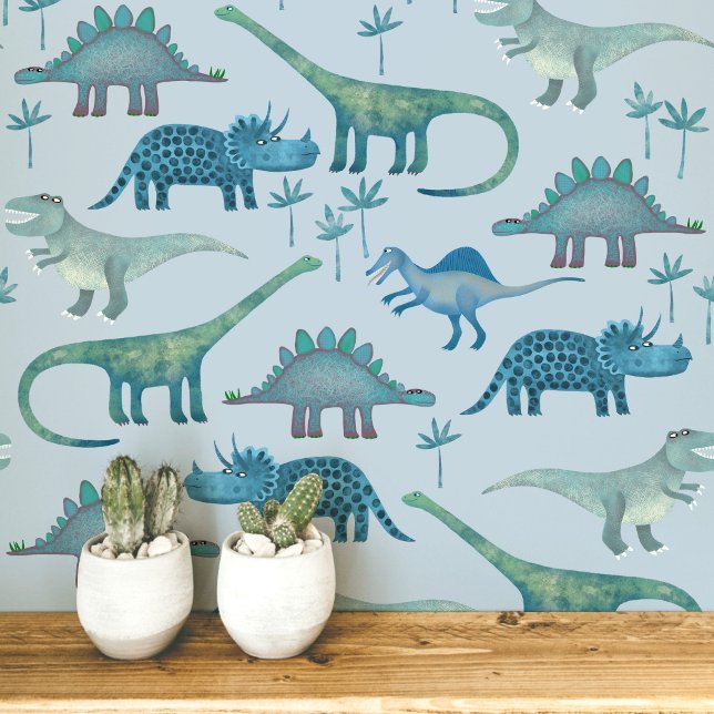 Fun Dinosaur Muster Blau Tapete (Dinosaur Tyrannosaurus Rex Stegosaurus triceratops diplodocus blue kids peel and stick wallpaper)