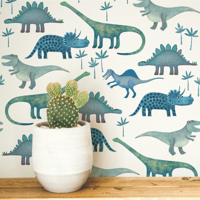 Fun Dinosaur Muster Blau Weiße Kinder Tapete (Dinosaur Tyrannosaurus Rex Stegosaurus triceratops diplodocus kids peel and stick wallpaper)