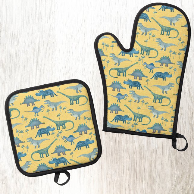 Fun Dinosaur Muster gelb Ofenhandschuh & Topflappen-Set (Yellow blue and green dinosaur pattern kitchen oven glove or mitt and pot holder)