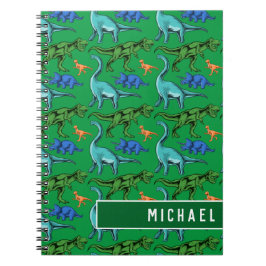 Fun Dinosaur Pattern Kids Green Name School Notizblock