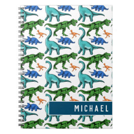 Fun Dinosaur Pattern Kids White Blue Name School Notizblock