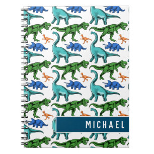Fun Dinosaur Pattern Kids White Blue Name School Notizblock