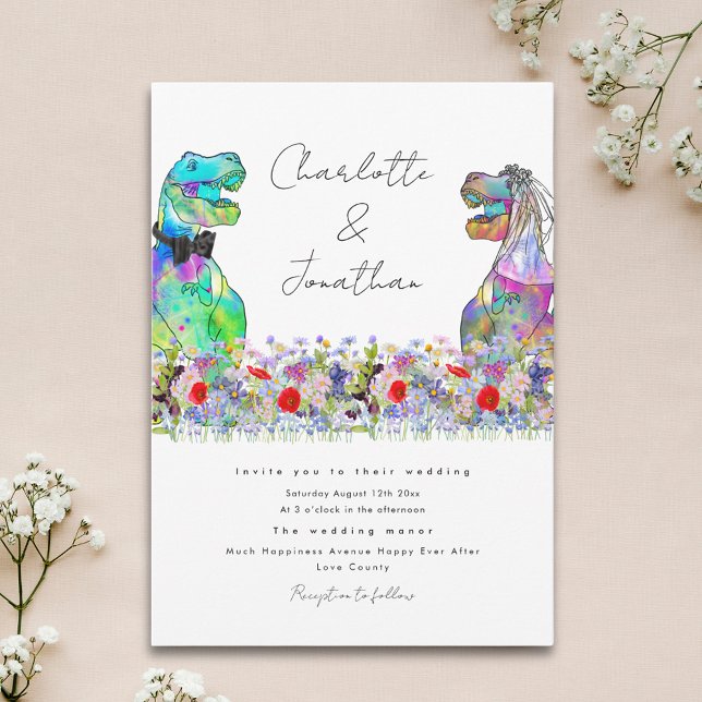 Fun Dinosaur Thema Farbige Wildblume Einladung (Fun dinosaur theme wedding invitation with colorful watercolor wildflowers)