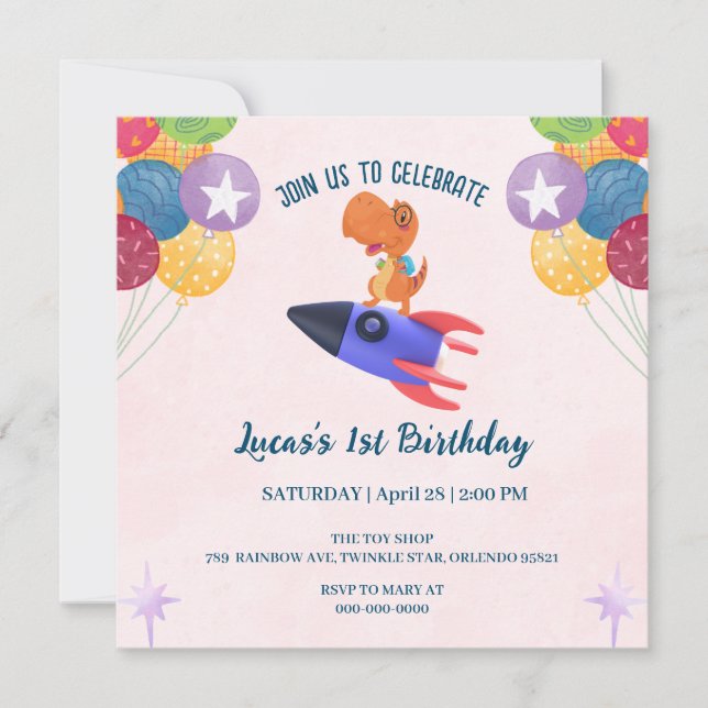 Fun Dinosaurier farbenfrohe Rakete Schule Geburtst Einladung (Vorderseite)