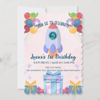 Fun Dinosaurier farbenfrohe Rakete Schule Geburtst Einladung