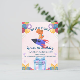 Fun Dinosaurier farbenfrohe Rakete Schule Geburtst Einladungspostkarte