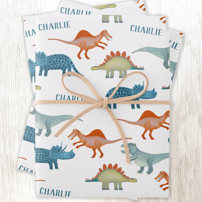 Fun Dinosaurier Personalisierter Name Geschenkpapier Set (Unique personalized kids name dinosaur wrapping paper)