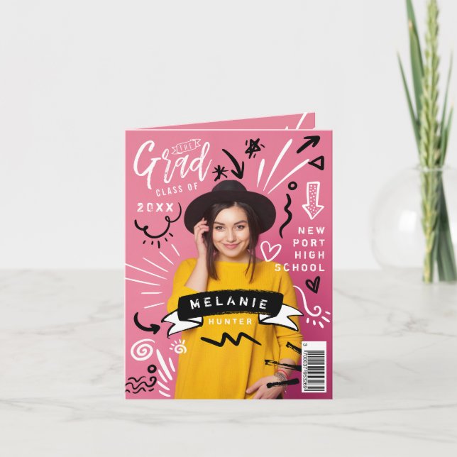 Fun Doodle Sketch Magazine Cover Girl Grad Einladung (Vorderseite)