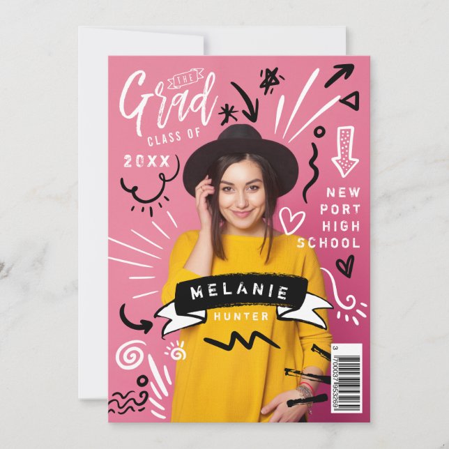 Fun Doodle Sketch Magazine Cover Girl Grad Einladung (Vorderseite)