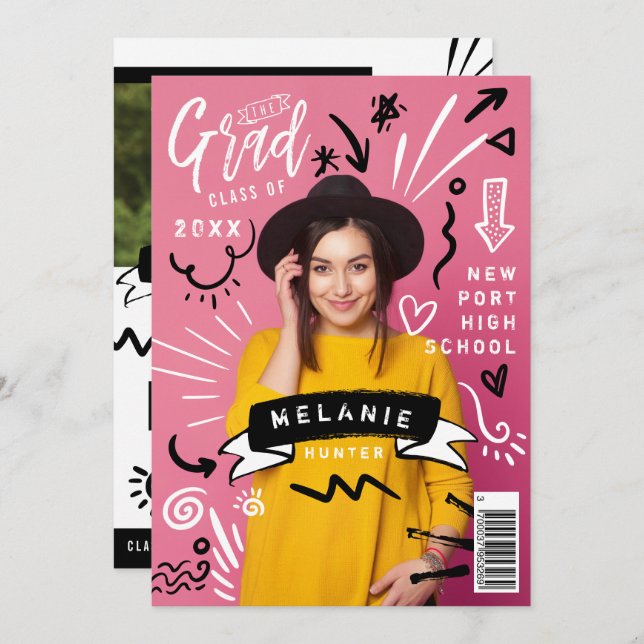 Fun Doodle Sketch Magazine Cover Girl Grad Party Einladung (Vorne/Hinten)