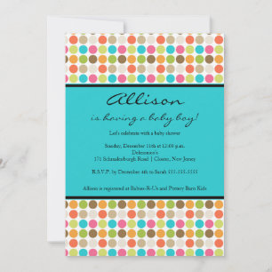 FUN Dots TURQUOISE Kindermädchen oder Boy-Dusche Einladung