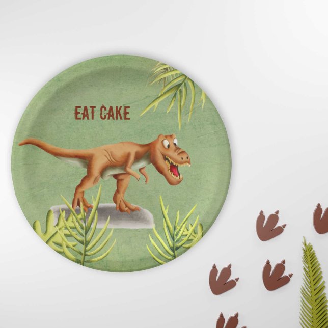 Fun Eat Cake Greenery T-Rex Children Party Pappteller (Von Creator hochgeladen)